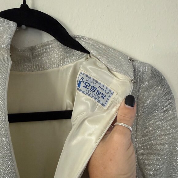 Vintage Long Silver Glitter Maxi Dress W/ High Neck & Balloon Sleeves Sz S/M - Picture 5 of 8